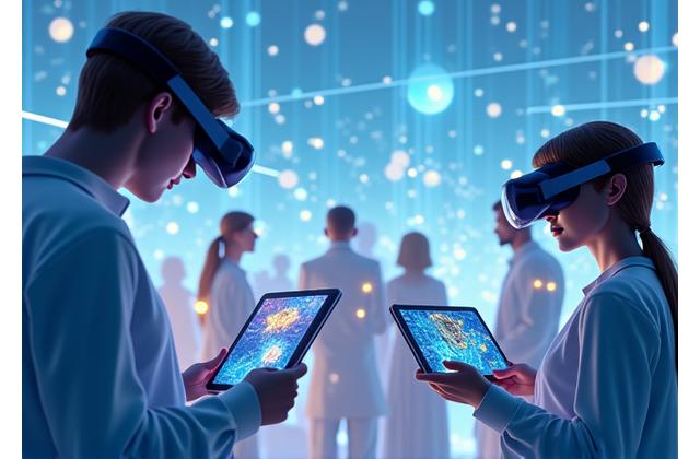 A diverse group of people using tablets and VR headsets to explore a virtual museum, demonstrating global digital accessibility to art and educational content.