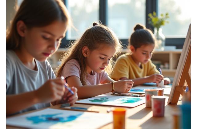 Children engaged in an art workshop at the museum, painting and drawing with colorful materials on easels, under the guidance of an instructor.