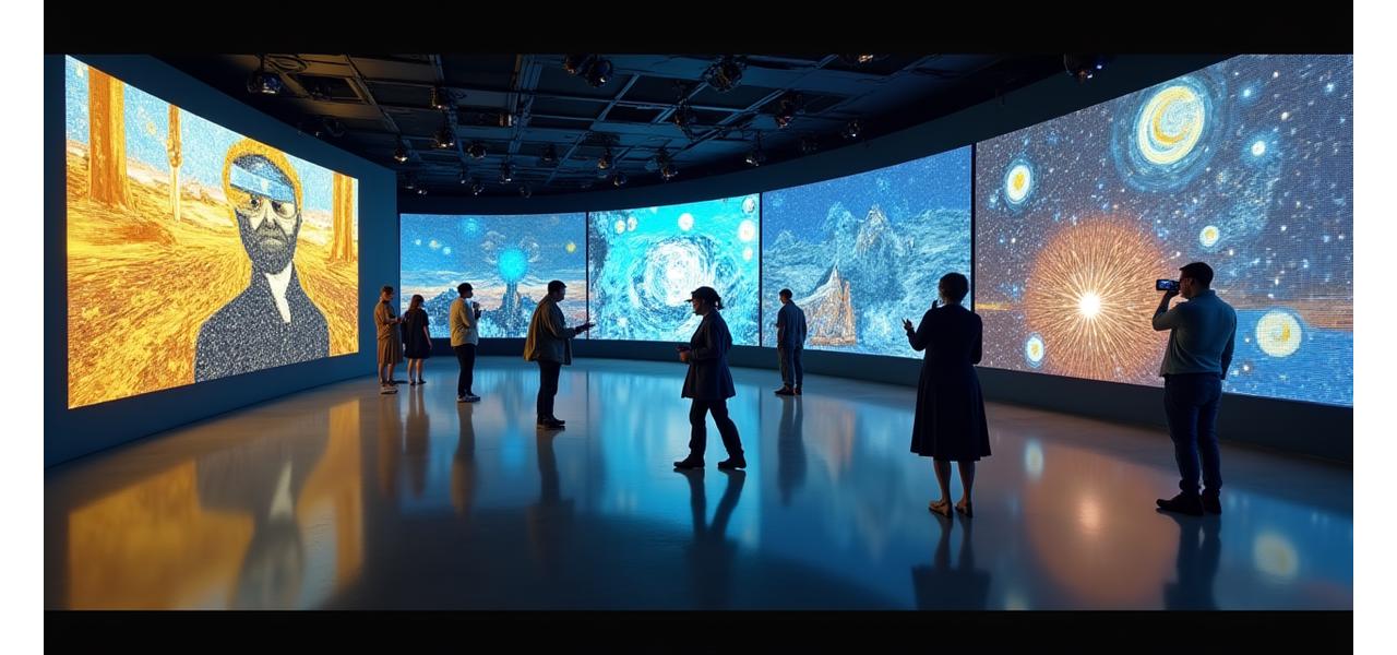 A mosaic of digital screens displaying augmented reality museum tours, interactive art applications on tablets, and virtual reality users exploring art, symbolizing Harbor Brushworks' innovative digital solutions.