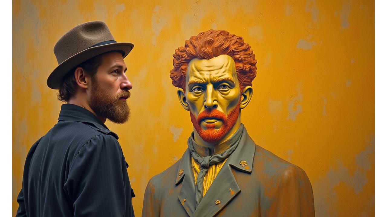 Impressionistic statue of Vincent van Gogh against a vibrant, brushstroke-like background, symbolizing the museum's dedication to his legacy.