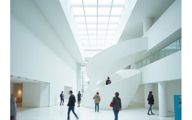 The bright, spacious interior of the Kishō Kurokawa wing of the Van Gogh Museum, featuring a spiral staircase and natural light, with visitors observing artworks in the distance.