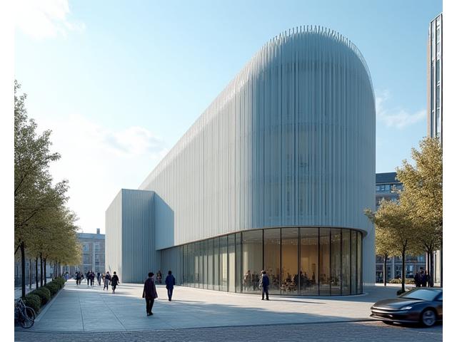 Modern architectural exterior of the Kishō Kurokawa Wing, blending contemporary design with the older structure of the Van Gogh Museum, under a clear sky.