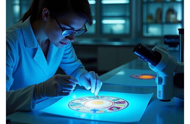 A researcher in a museum lab, examining an artwork under specialized lighting with scientific equipment, highlighting the meticulous process of art conservation and study.