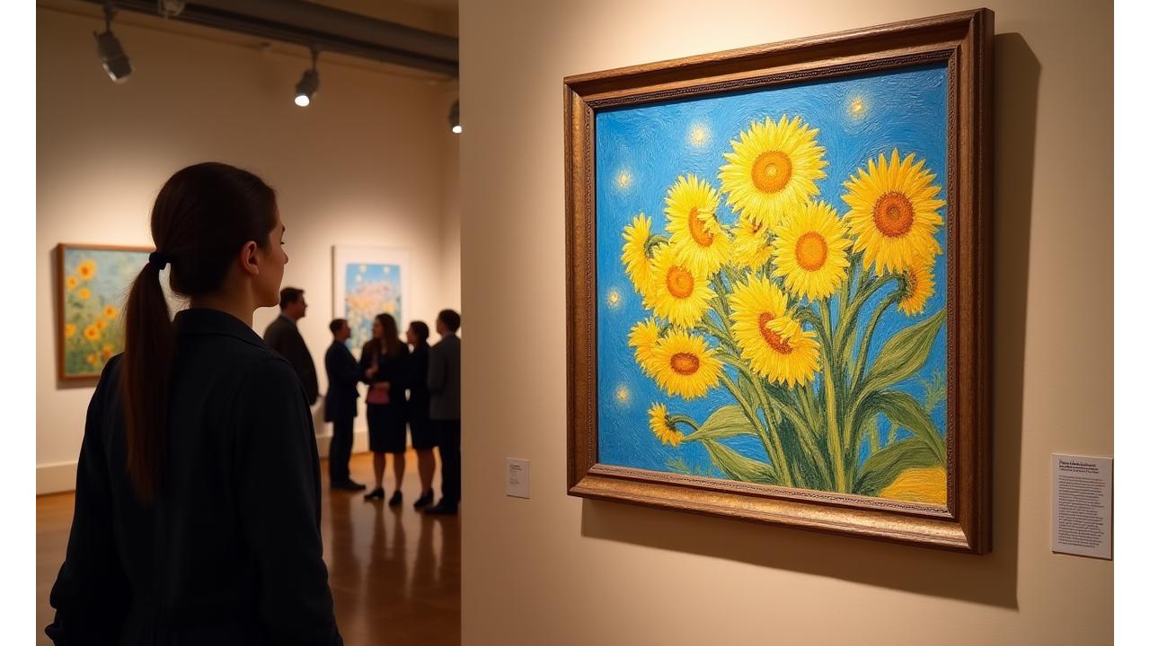 Visitors admiring Van Gogh's 'Sunflowers' painting in a well-lit gallery, showcasing its vibrant colors and meticulous brushwork. The painting is centrally displayed within a modern exhibition.