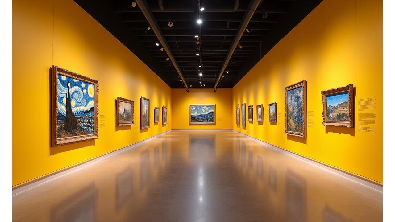 360-degree panoramic view of a beautifully lit Van Gogh Museum gallery, featuring multiple iconic paintings and visitors navigating the space, with a subtle interaction icon in the center