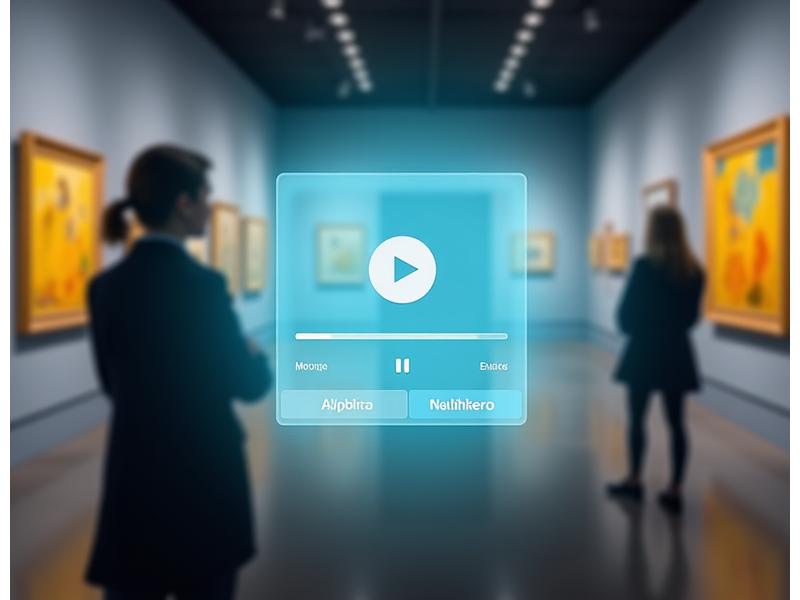 Sleek, modern audio player interface integrated into a virtual museum setting displaying a play button, waveform, and language selection, with a subtle overlay of a scholar looking thoughtful
