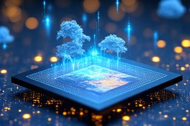 Abstract depiction of cloud computing with data streams flowing into a tablet displaying a virtual museum, symbolizing seamless, high-performance streaming