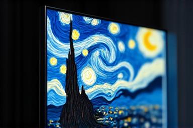 A vibrant close-up of a Van Gogh painting detail on a high-definition screen, with scientific data points or a color spectrum overlay illustrating advanced color processing