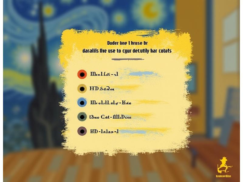 Screenshot of an interactive quiz or game within the virtual museum tour, featuring a question about a Van Gogh painting and multiple-choice answers, designed with a painterly interface