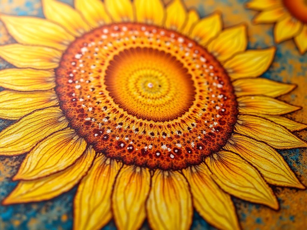 Extremely high-resolution close-up of Van Gogh's Sunflowers, showing individual brushstrokes and paint texture with an overlay of detailed annotations
