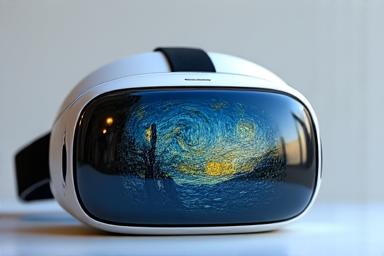 A sleek virtual reality headset sitting on a table, reflecting a blurred image of a Van Gogh painting, symbolizing immersive technology integration
